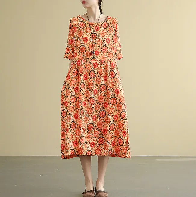 Flower Print Summer  Linen Spring Women loose Dresses DZA05142