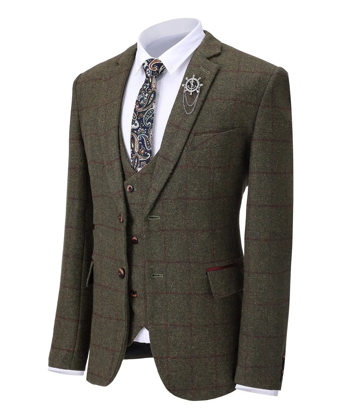 Formal Men's Business 3 Pieces Tweed Plaid Notch Lapel Suit Men for Wedding(Blazer vest Pants)