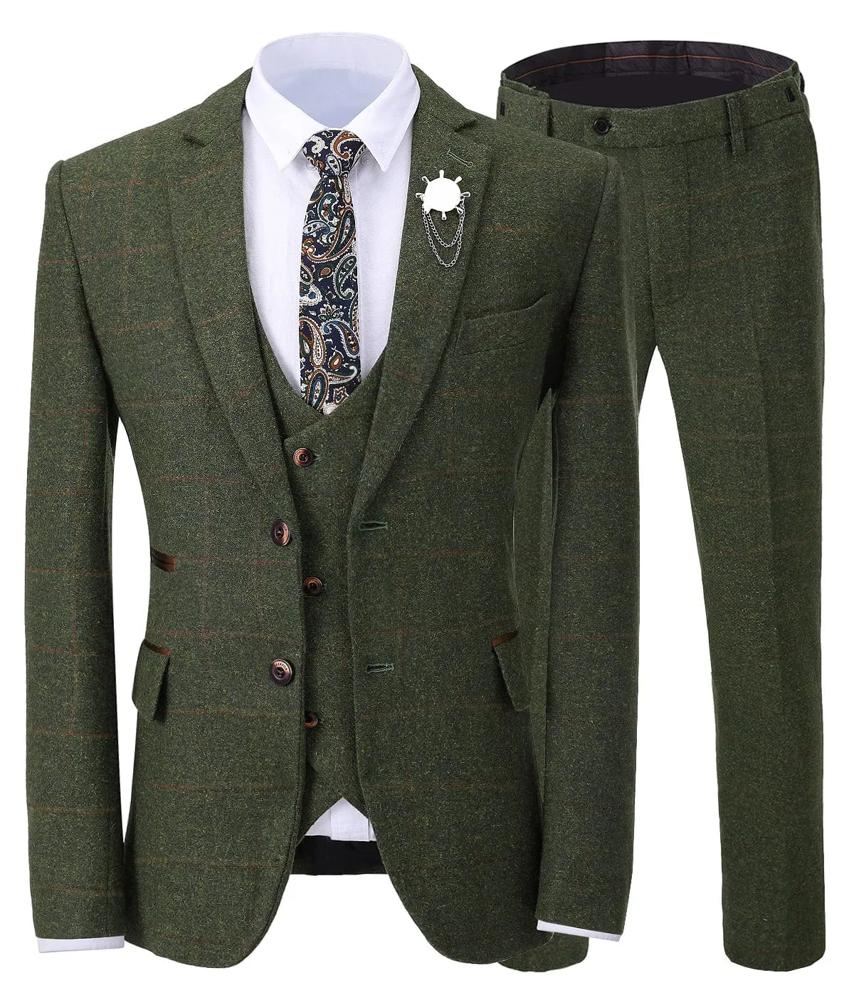 Formal Men's Business 3 Pieces Tweed Plaid Notch Lapel Suit Men for Wedding(Blazer vest Pants)