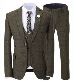 Formal Men's Business 3 Pieces Tweed Plaid Notch Lapel Suit Men for Wedding(Blazer vest Pants)