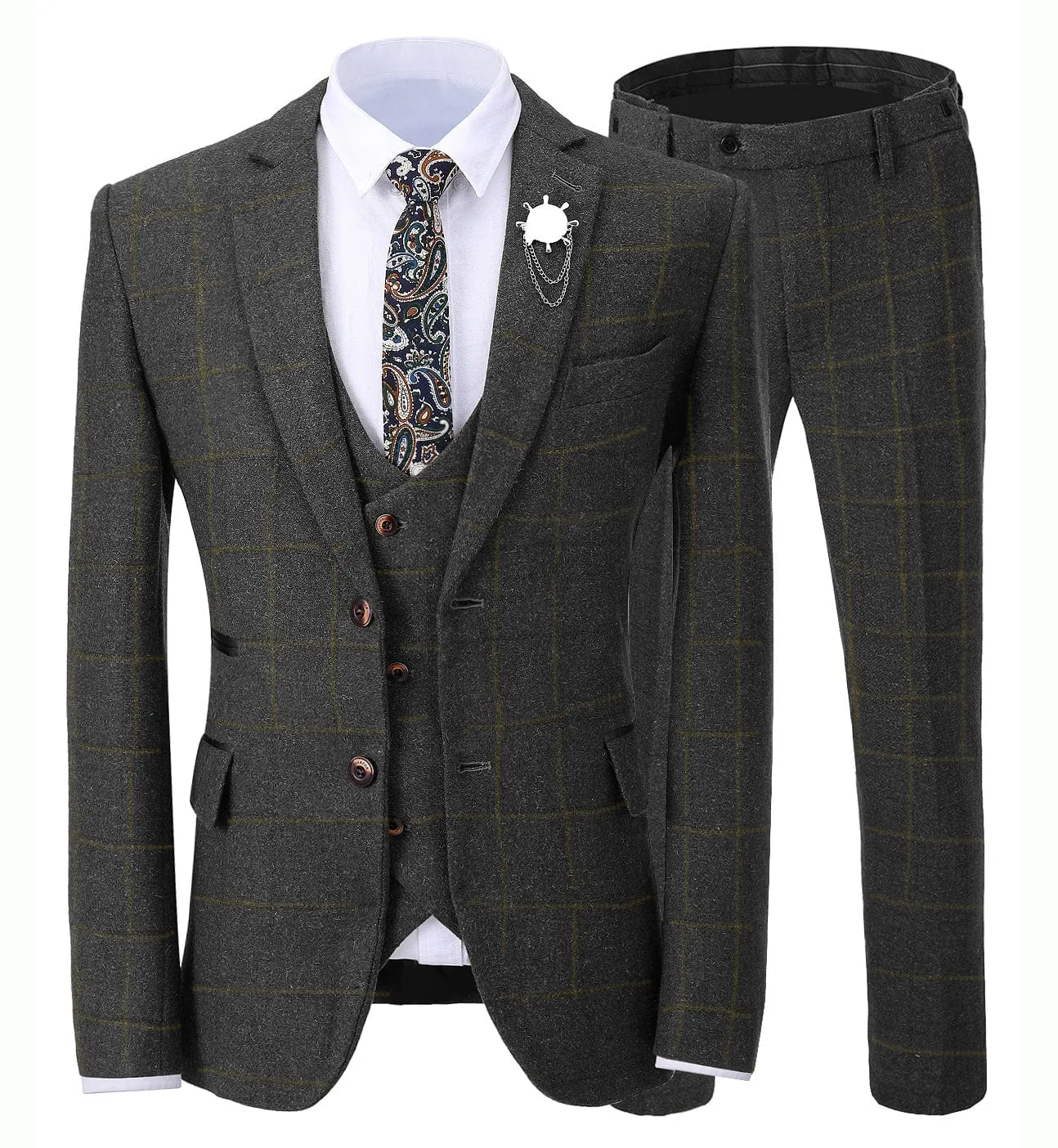 Formal Men's Business 3 Pieces Tweed Plaid Notch Lapel Suit Men for Wedding(Blazer vest Pants)