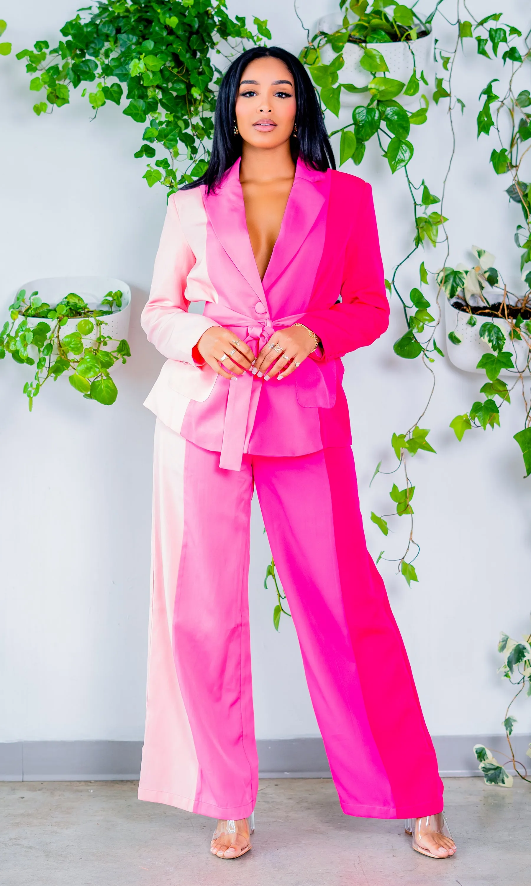 Got Her Own | Color Block Suit Set Pink