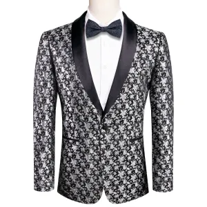 Hi-Tie Luxury Black Grey Floral Jacquard Men's Black Shawl Lapel Suit