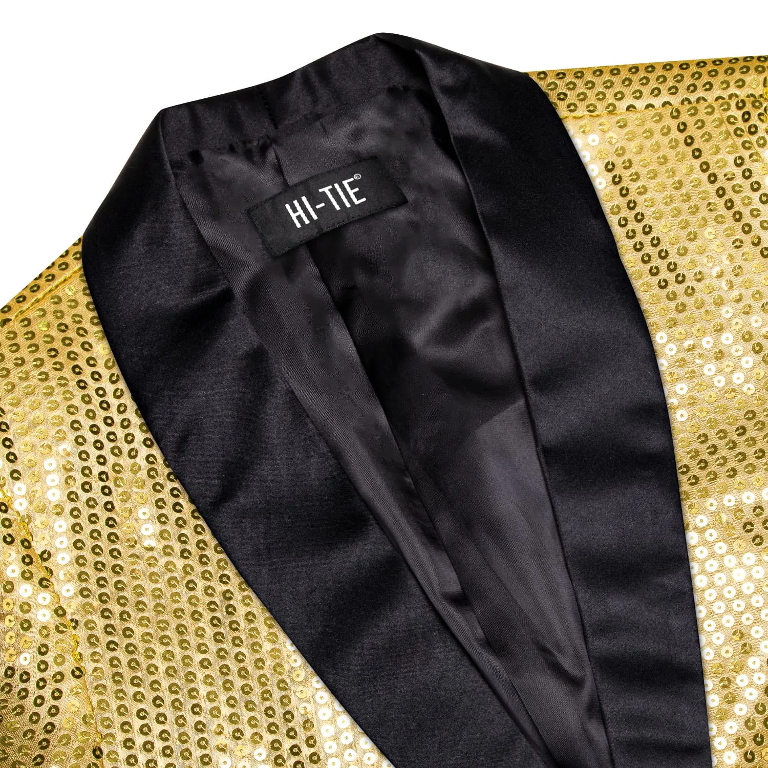 Hi-Tie Sequin Blazer Black Shawl Collar Gold Solid Suit Tie Set