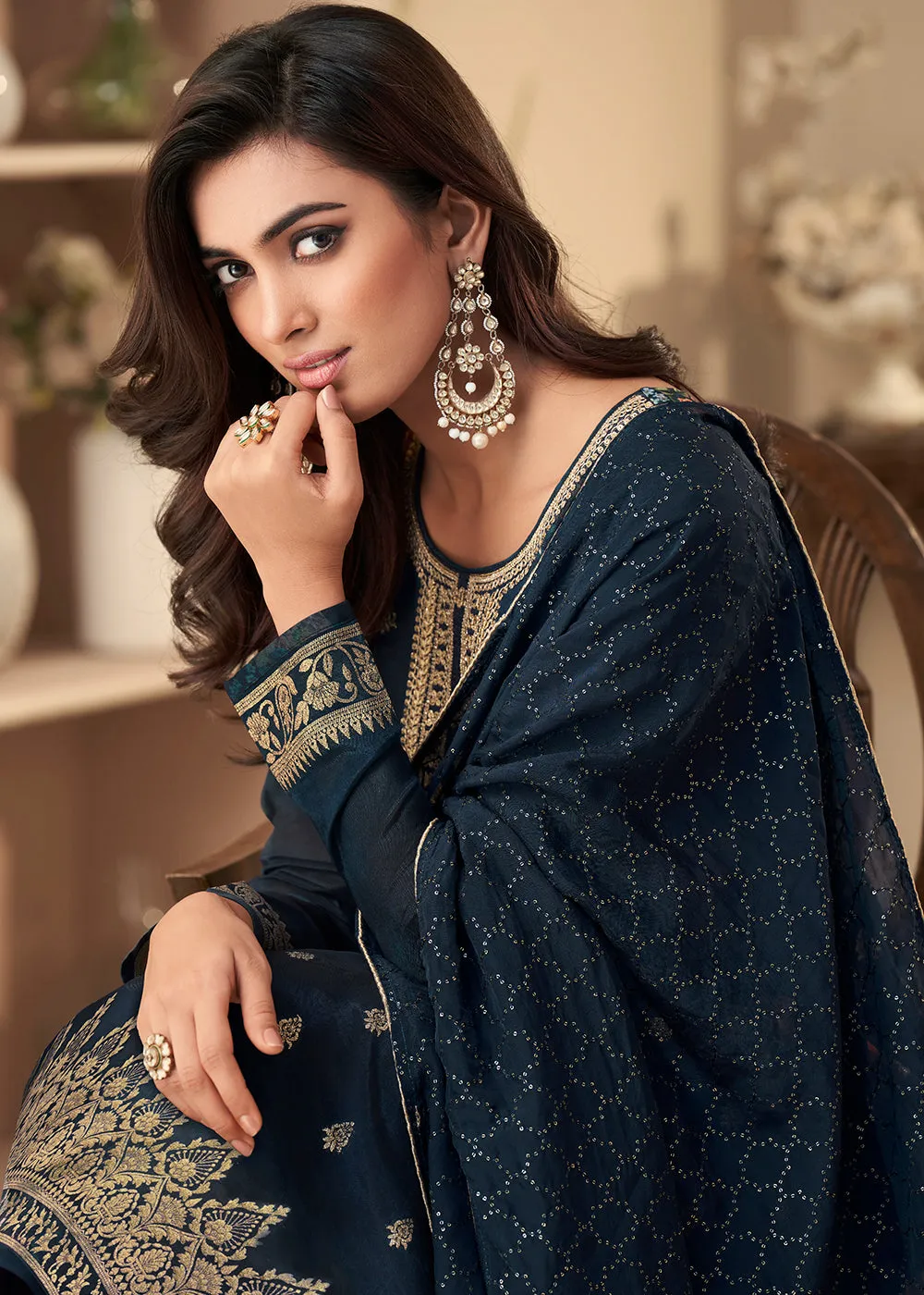 Jacquard Silk Elegant Navy Blue Digital Printed Salwar Suit