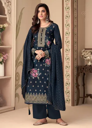 Jacquard Silk Elegant Navy Blue Digital Printed Salwar Suit