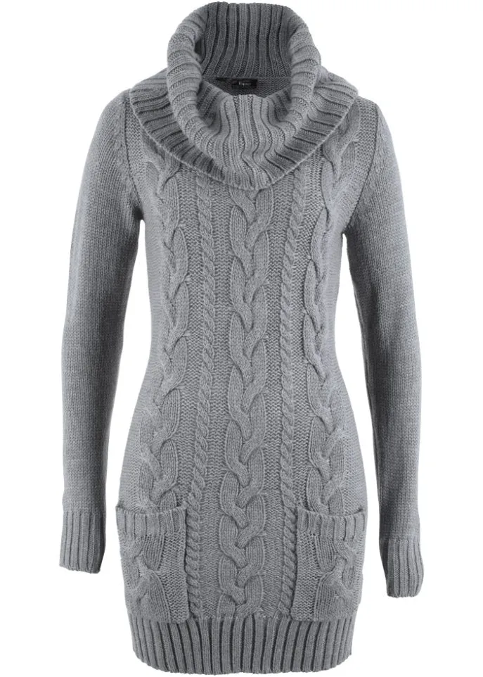 Knitted dress with turtleneck and patch pockets Bpc Bonprix Collection, gray