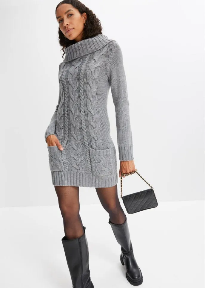 Knitted dress with turtleneck and patch pockets Bpc Bonprix Collection, gray