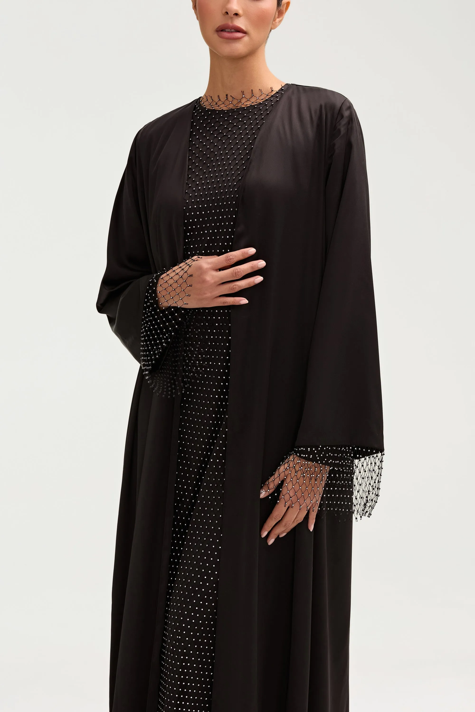 Lyana Crystal Mesh Satin Abaya - Black