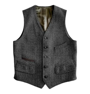 Men‘s Business Casual Single Breaste V Neck Tweed Waistcoat