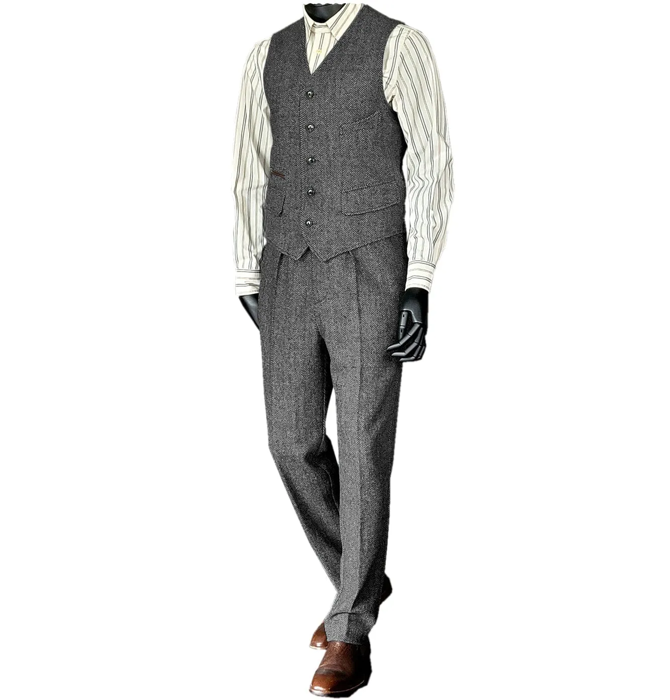 Men's Flat Herringbone v Neck 2 Pieces（Waistcoat Pants）