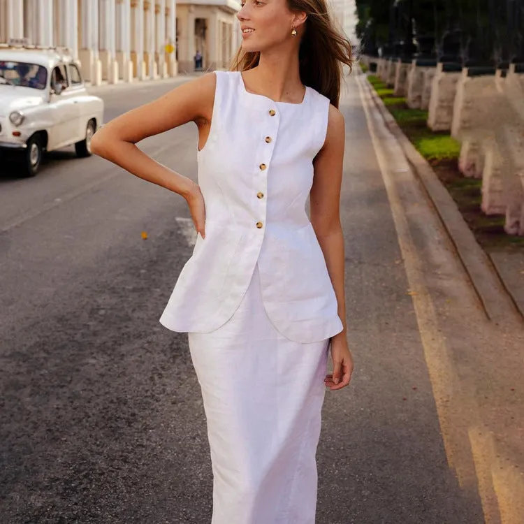 New White Square-Neck Sleeveless High-Waist Skirt Fashion Suit