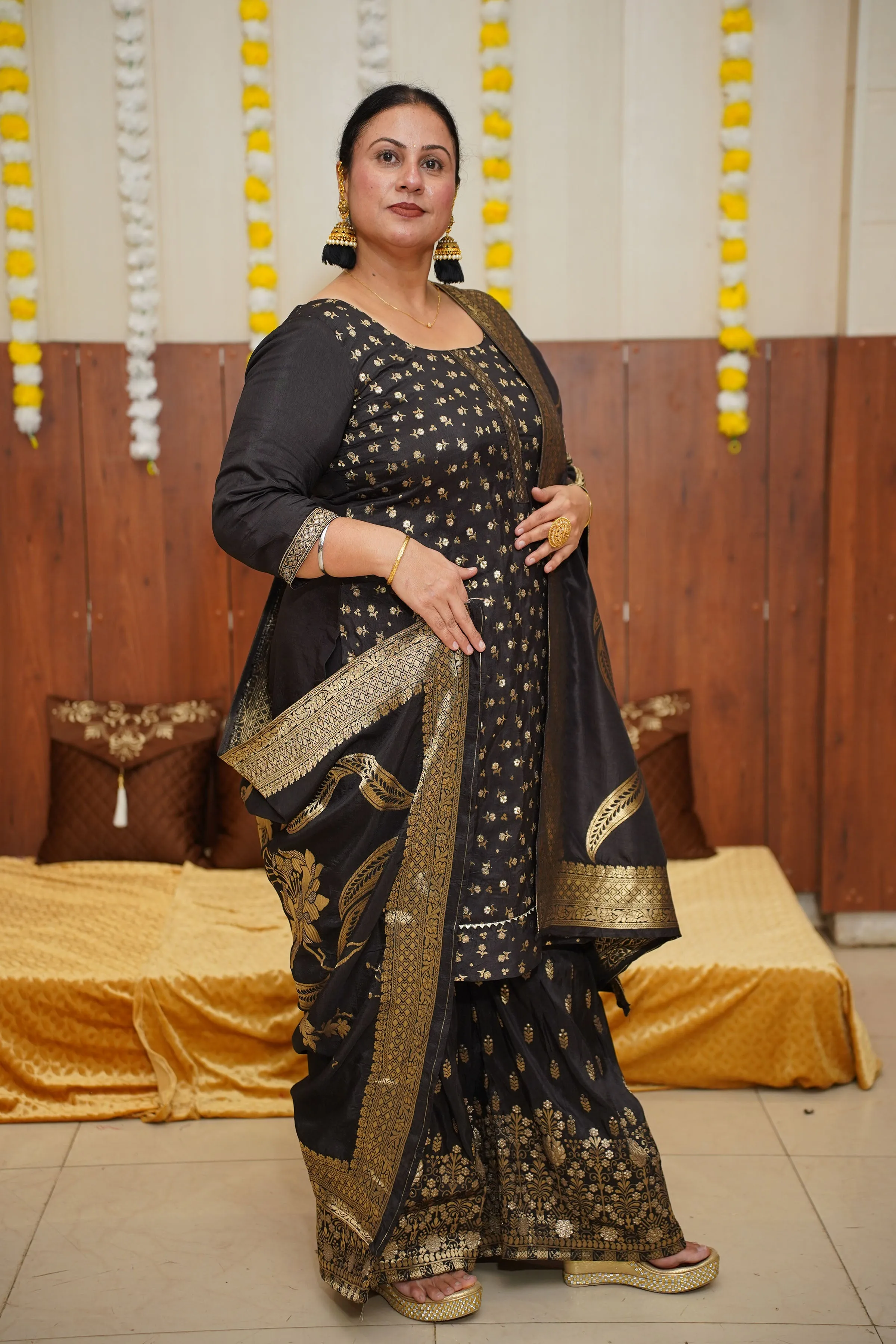 Opulent Black Jacquard Sharara Suit