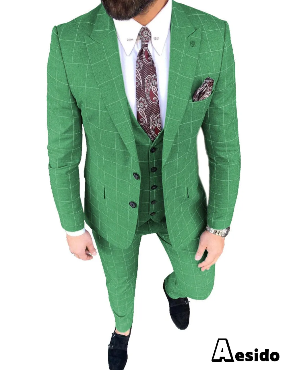 Plaid Peak Lapel 3 Pieces Mens Suit (Blazer vest Pants)