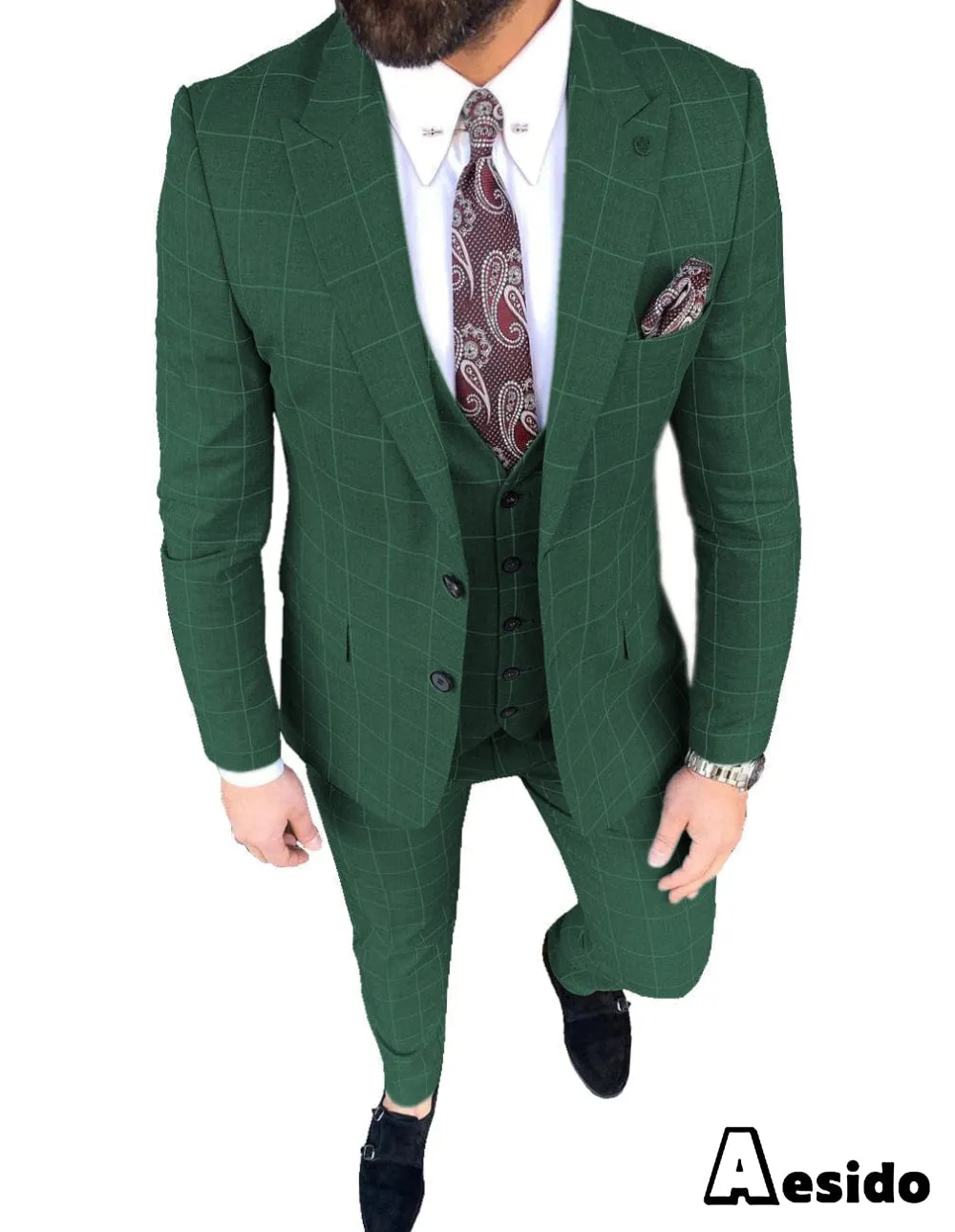 Plaid Peak Lapel 3 Pieces Mens Suit (Blazer vest Pants)