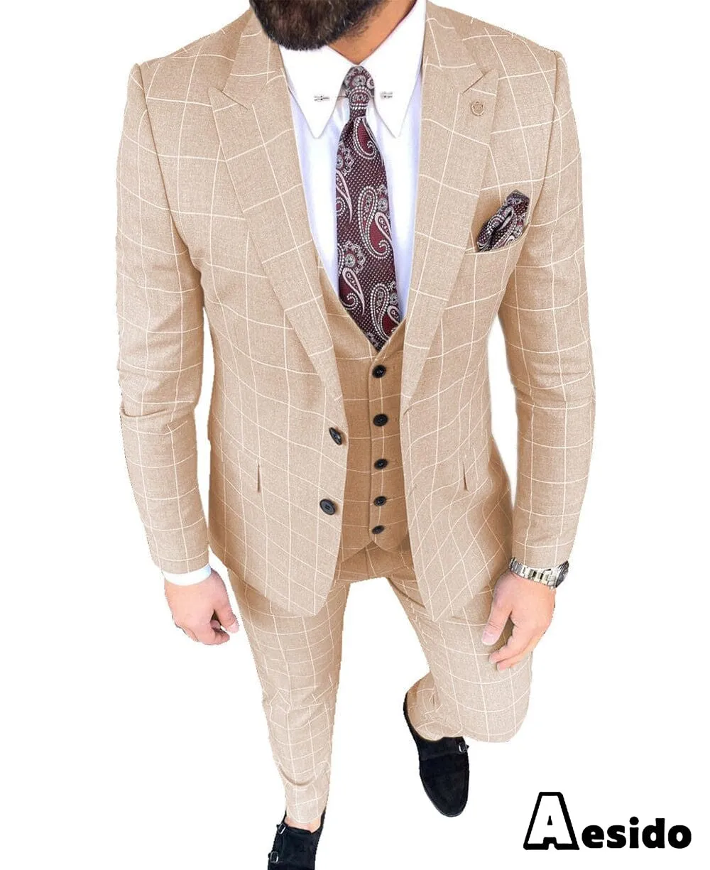 Plaid Peak Lapel 3 Pieces Mens Suit (Blazer vest Pants)