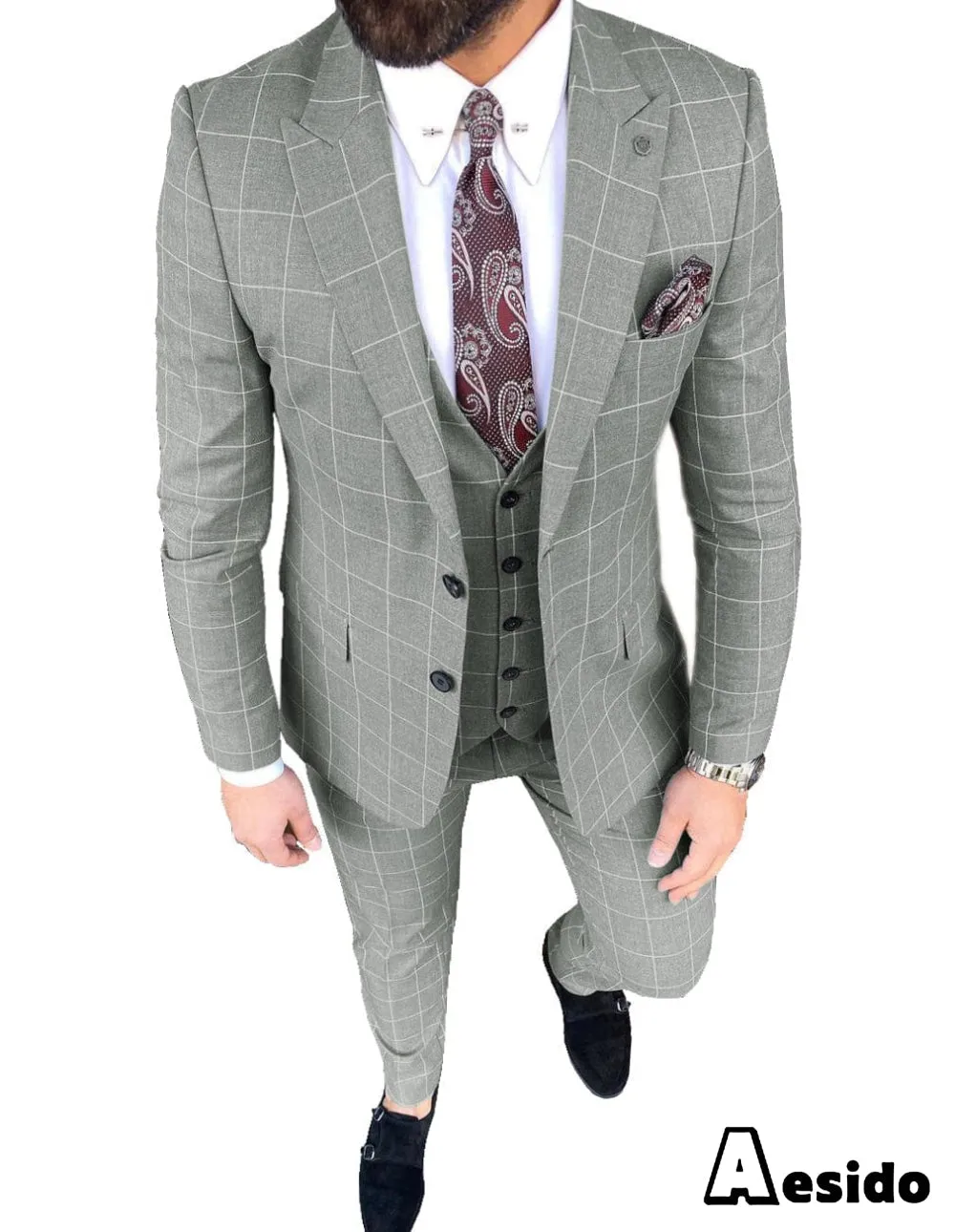 Plaid Peak Lapel 3 Pieces Mens Suit (Blazer vest Pants)