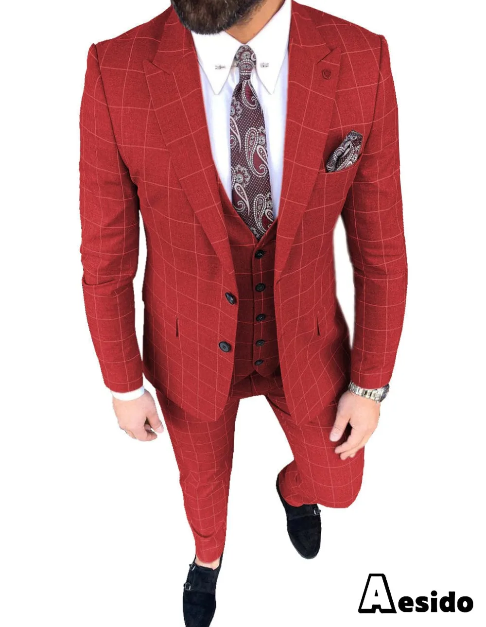 Plaid Peak Lapel 3 Pieces Mens Suit (Blazer vest Pants)