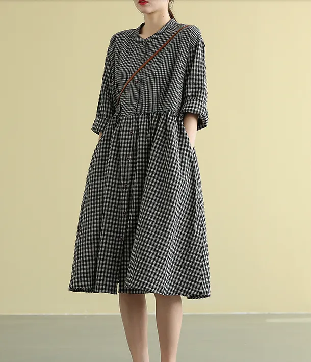 Plaid Summer  Spring Cotton Linen Women loose Dresses DZA05192