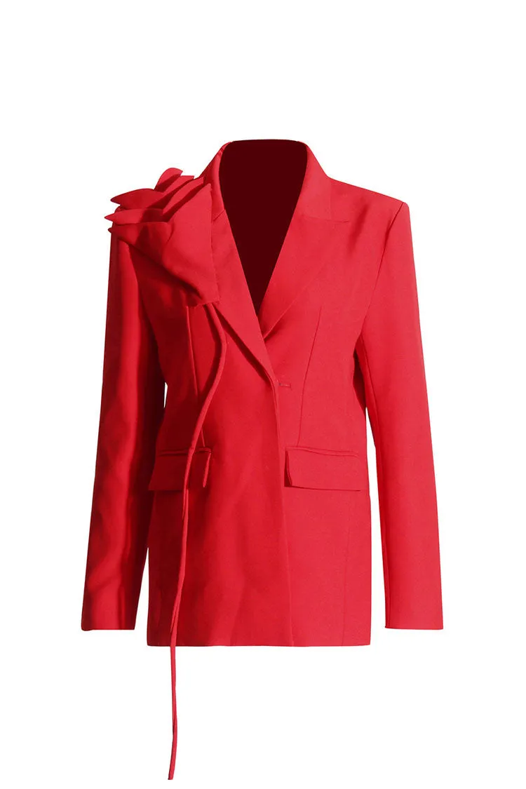 Romantic Rosette Embellished Lapel Padded Long Sleeve Long Boxy Blazer