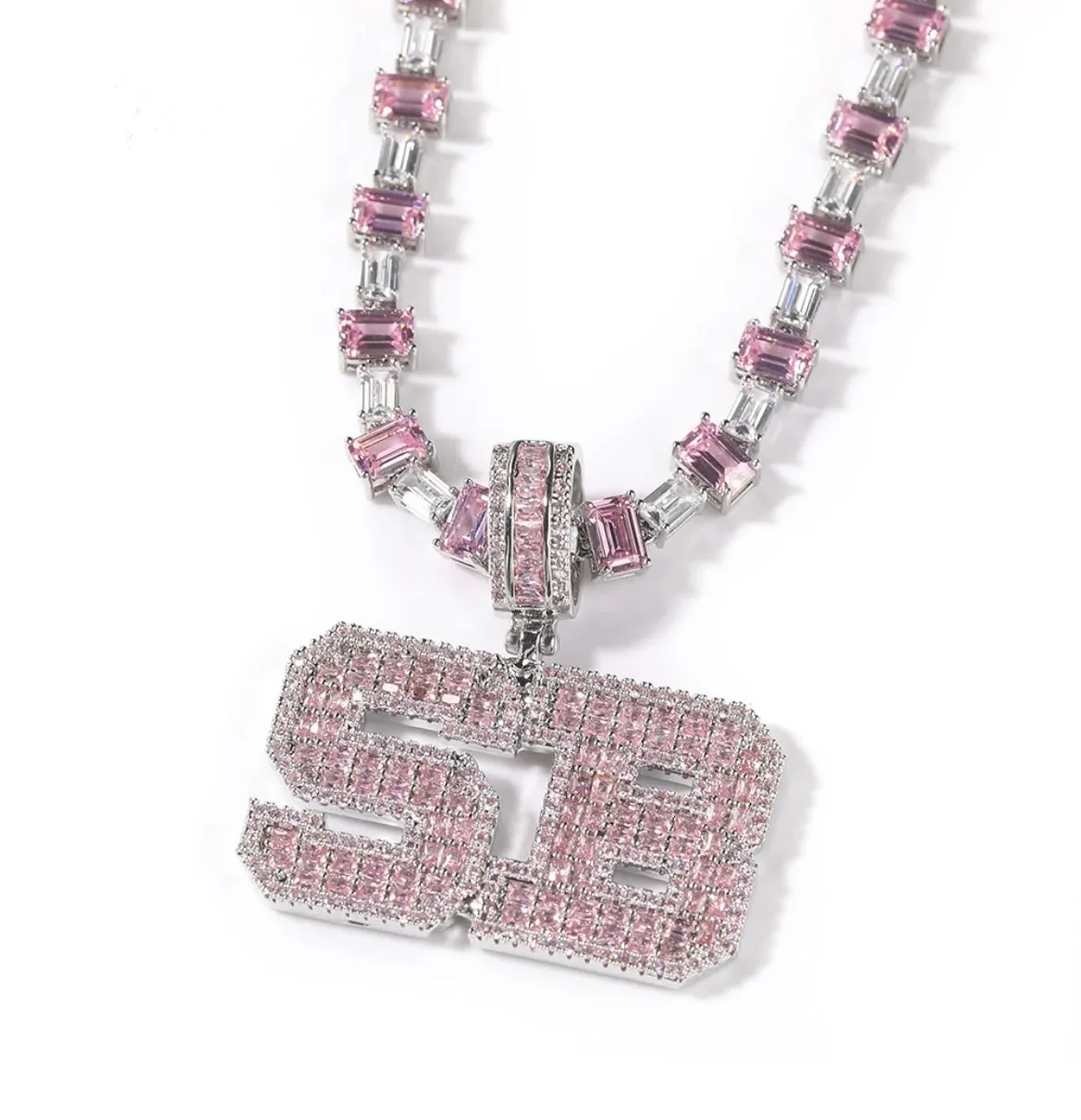 Square Pink Nameplate Necklace Iced Out Diamond Chain