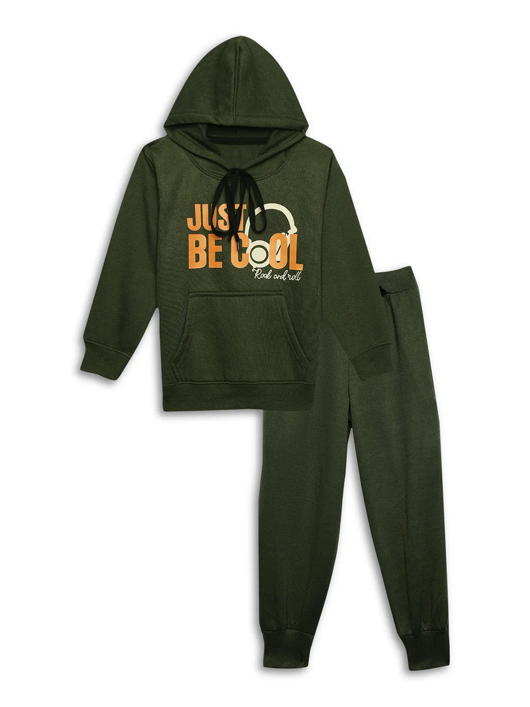 Vimal Jonney Olive Printed Hooded Cotton Fleece Tracksuit Co-ord Set for Kids