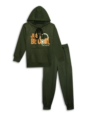 Vimal Jonney Olive Printed Hooded Cotton Fleece Tracksuit Co-ord Set for Kids