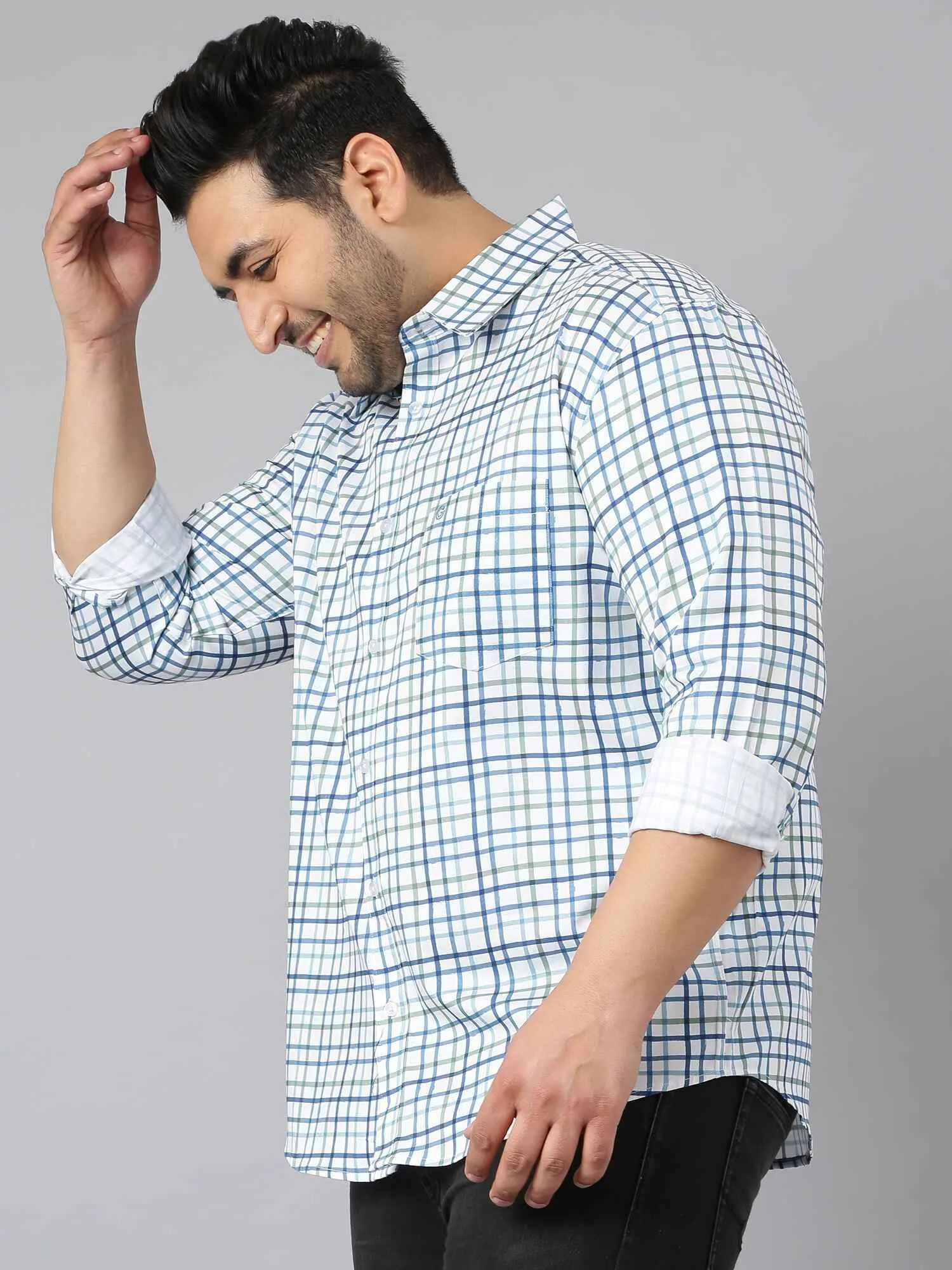 White Blue Green Checks Shirt Men's Plus Size