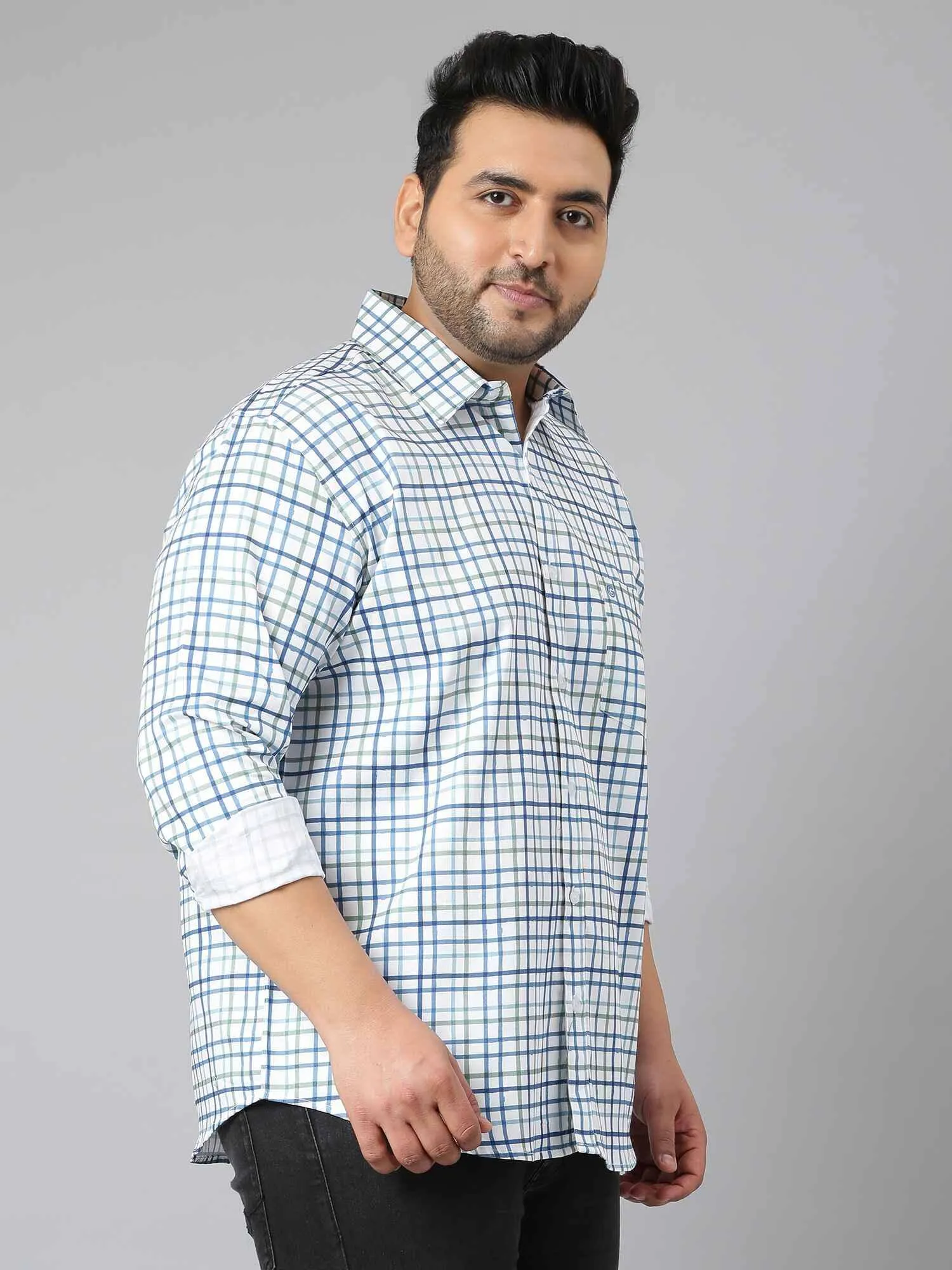 White Blue Green Checks Shirt Men's Plus Size