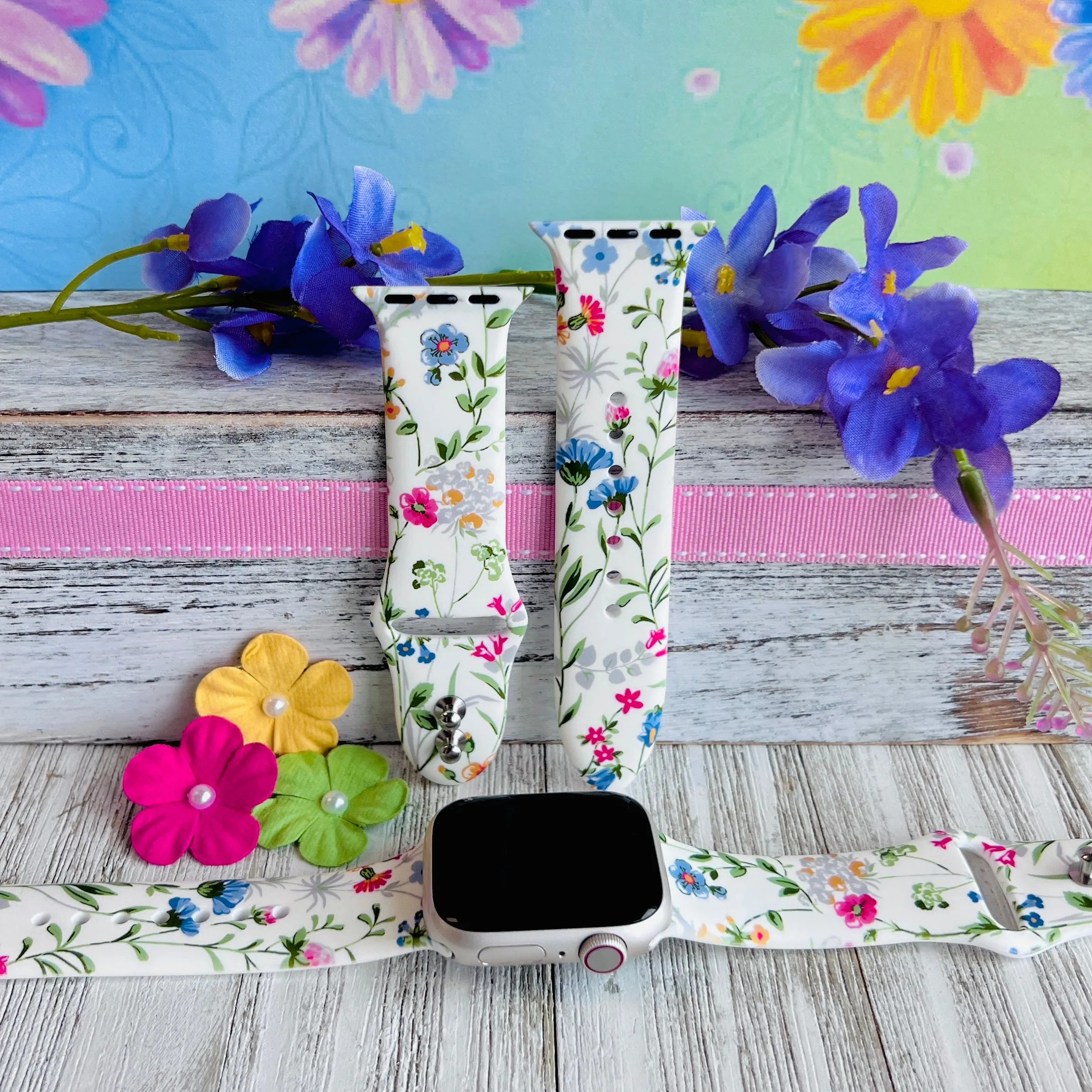 Wild Flowers Print Silicone Band For Apple Watch