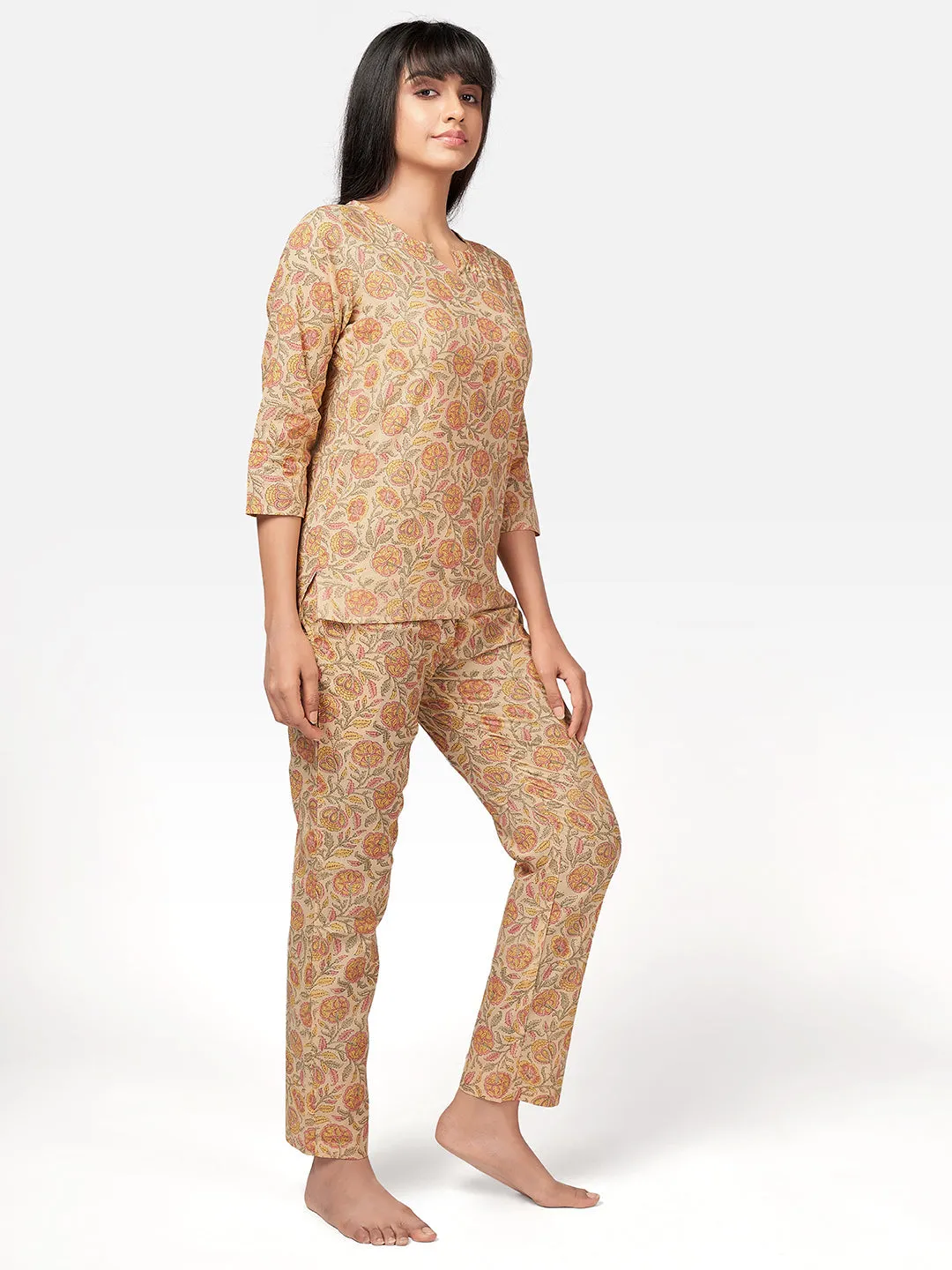 Women'S Floral Print  Cotton Beige Night Suit Set