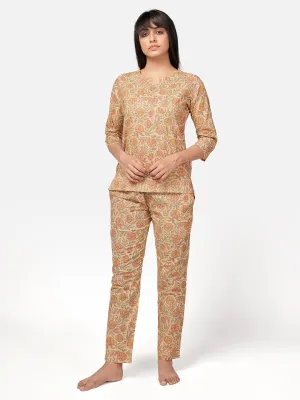 Women'S Floral Print  Cotton Beige Night Suit Set