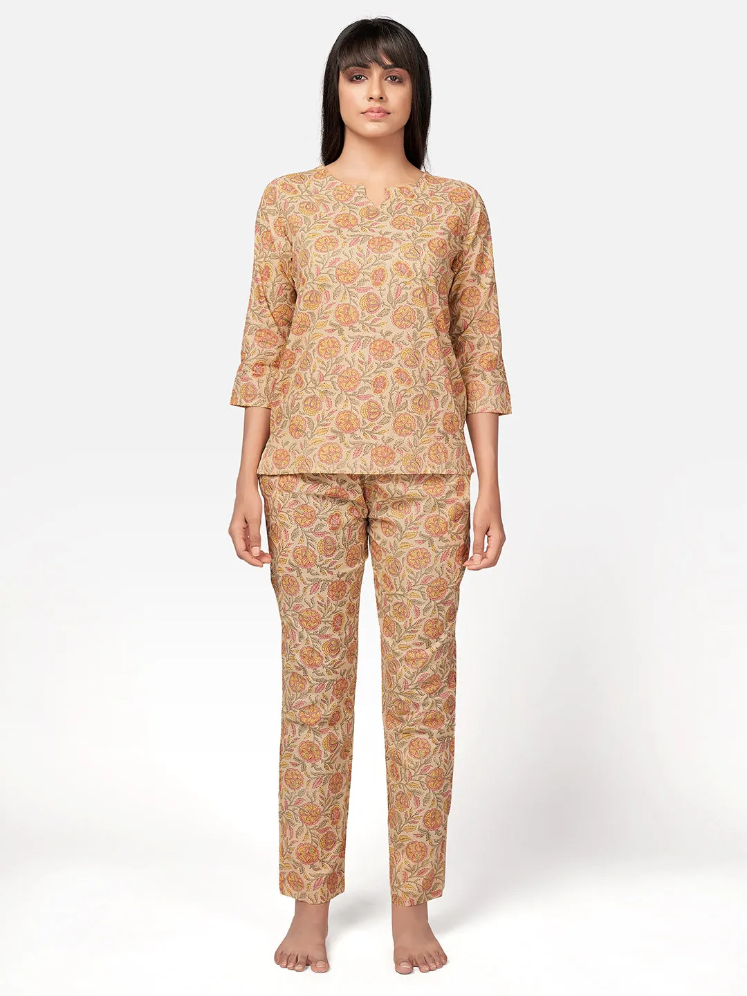 Women'S Floral Print  Cotton Beige Night Suit Set