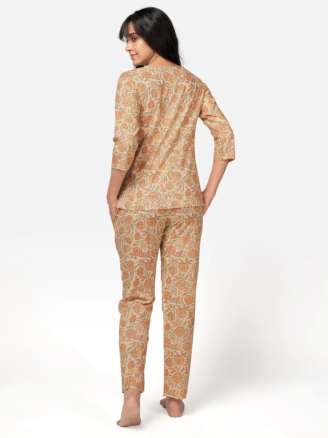 Women'S Floral Print  Cotton Beige Night Suit Set