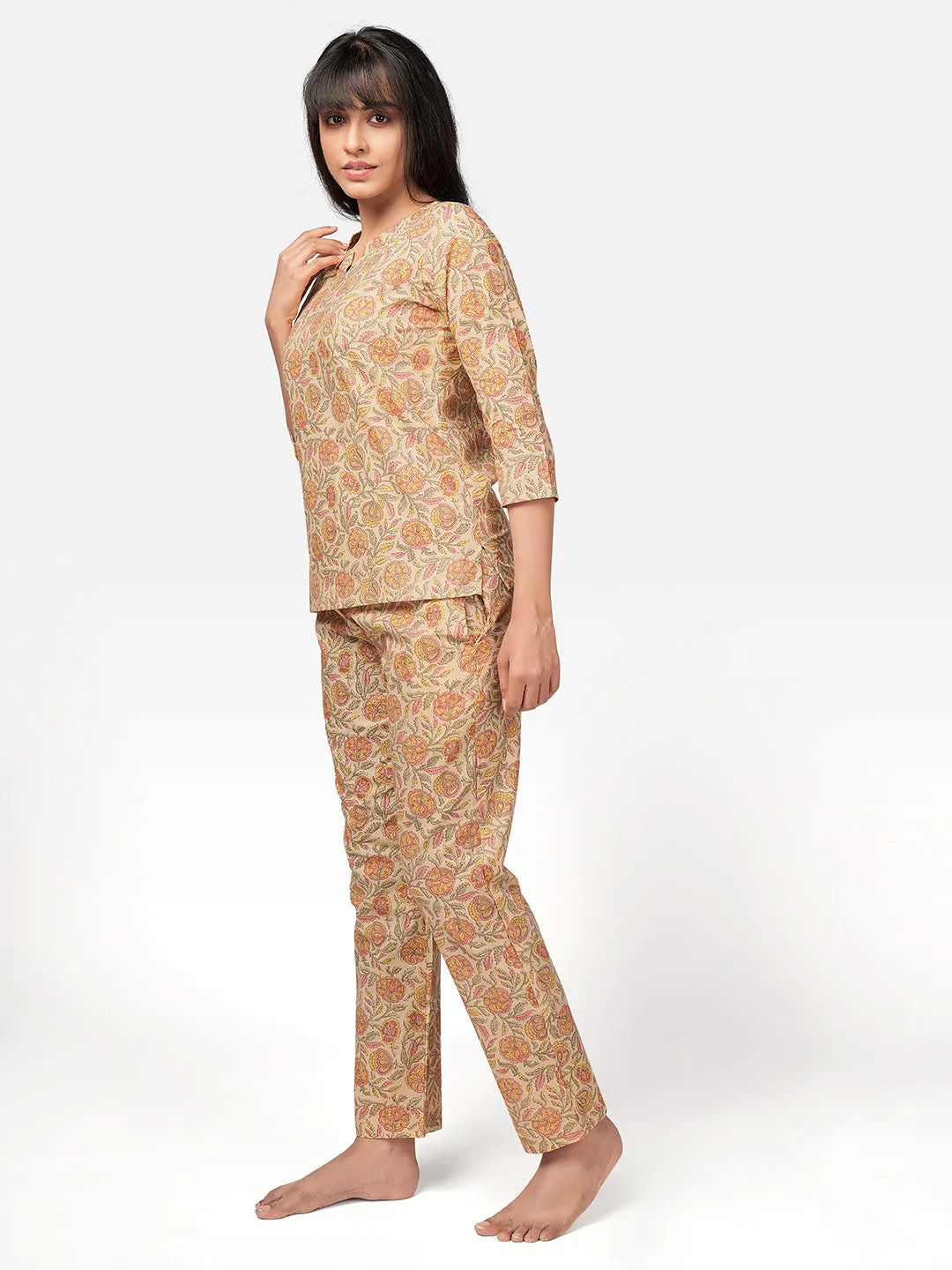 Women'S Floral Print  Cotton Beige Night Suit Set