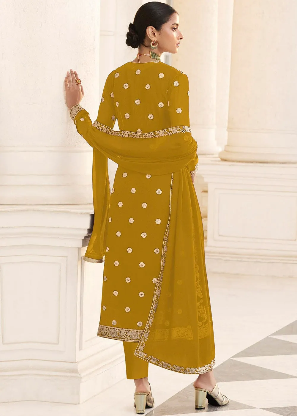 Yellow Designer Georgette Embroidered Jacket Style Suit