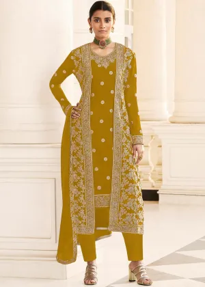 Yellow Designer Georgette Embroidered Jacket Style Suit